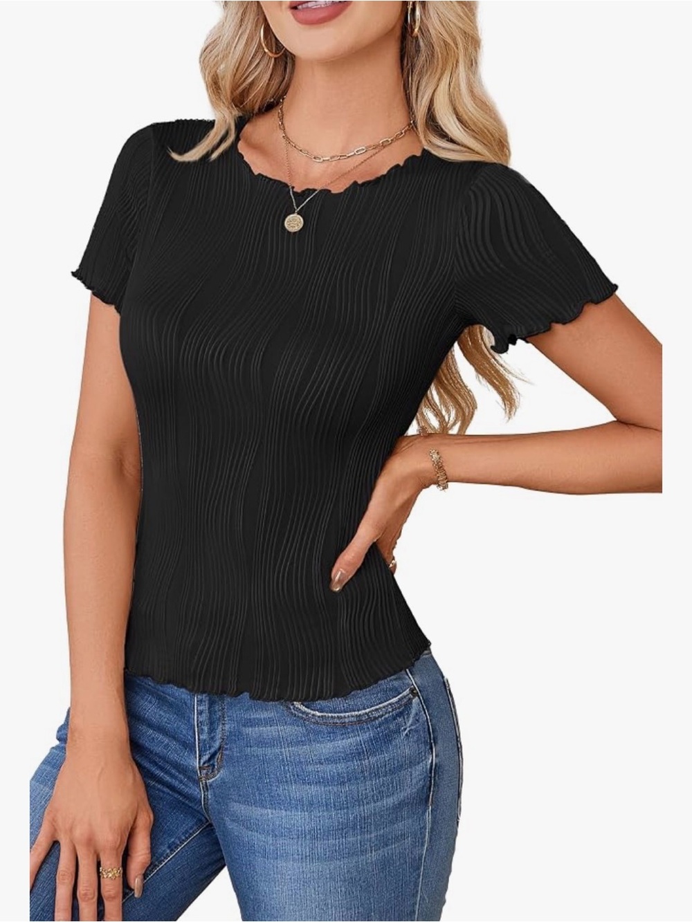 Black Short-Sleeve Ruffle Edge Top - Women's Casual Tee